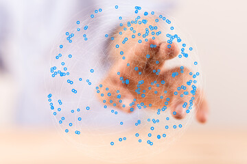 Poster - Abstract image of a hand interacting with a digital global network. Represents connection, technology, and globalization.