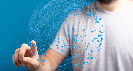 Fototapete - Abstract image of a person interacting with a digital global network. Perfect for technology, connection, and globalization concepts.