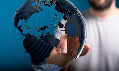 Fototapete - High-quality stock photo of a hand interacting with a digital 3D model of planet Earth, symbolizing global connectivity and networking.