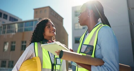 Poster - Discussion, architecture and women with tablet, outdoor and blueprint proposal with support. People, construction site or engineering with employees, tech or real estate with schedule for project