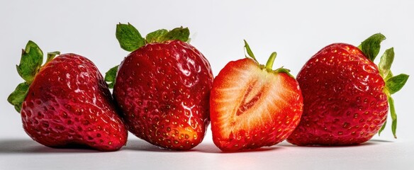 Wall Mural - The vibrant strawberries beautifully arranged with a sliced piece showcasing freshness.