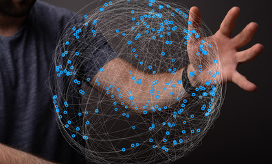 Fototapete - Abstract image of a man interacting with a digital global network, representing connection and technology.