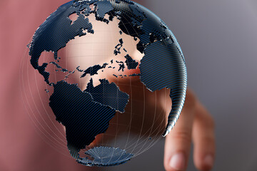 Fototapete - Abstract image of a hand holding a digital globe, representing global connectivity and networking.