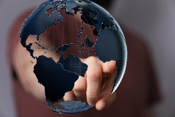 Aufkleber - High-quality stock photo of a hand interacting with a digital globe, representing global connectivity and networking.