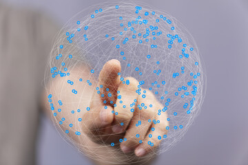 Poster - Abstract image of a hand interacting with a digital global network. Represents connection, technology, and communication.