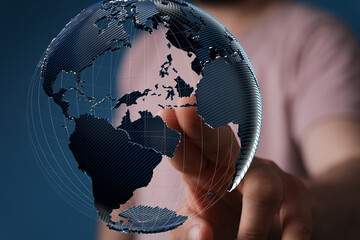 Poster - High-quality stock photo of a hand interacting with a digital 3D model of Earth, representing global connectivity and networking.