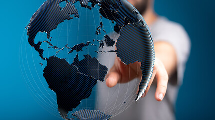 Fototapete - Business person interacts with a digital globe, representing global reach and connection.