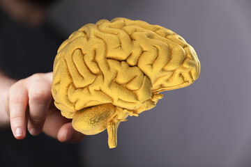 Poster - A 3D golden brain model symbolizes intellect, ideas, and potential. Perfect for concepts of intelligence, innovation, and neurology.