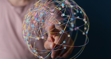 Aufkleber - Abstract image depicting a hand interacting with a colorful global network.  Perfect for tech, data, and connectivity concepts.