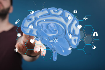 Leinwandbilder - Digital brain model with medical icons.  Concept for AI, neurology, health tech.