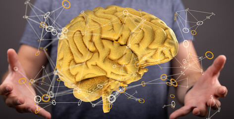 Poster - Abstract image of a golden brain representing neural networks and connections.  Ideal for AI, technology, and neuroscience.