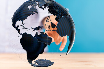 Poster - High-quality stock photo of a hand interacting with a 3D model of Earth, symbolizing global connectivity and networking.