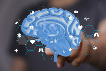 Poster - 3D brain model with medical icons.  Perfect for healthcare, neurology, or technology concepts.