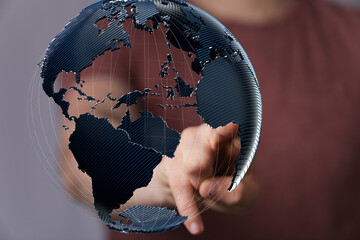 Fototapete - Person interacts with a digital globe, showcasing global connectivity and networking.