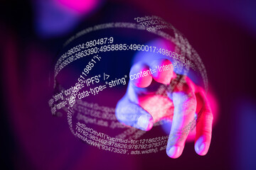 Aufkleber - Abstract image of a hand interacting with a futuristic digital sphere filled with code.
