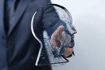 Poster - Abstract image of a businessman interacting with a digital brain network.  Concept for AI, technology, and innovation.