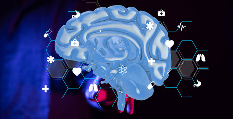 Poster - 3D rendering of a human brain with medical icons.  Perfect for healthcare, medicine, and technology concepts.
