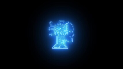 Wall Mural - Minimalist Neon AI Brain Design on Black. Cybernetic AI Icon with Bright Outline. Neon-Powered Artificial Intelligence Symbol.