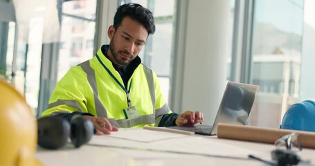 Aufkleber - Design, office or architect on laptop for floor plan, engineering planning or project inspection. Research, draw or contractor in construction job for city development with check, review or blueprint