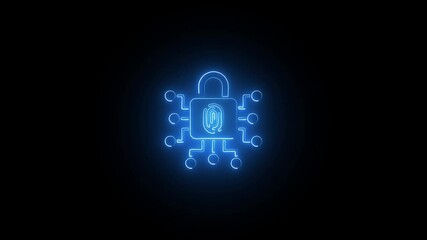 Wall Mural - Neon Password Lock with Radiant Outline. Digital Neon Smart Lock Icon on Black Canvas. Glowing Neon Biometric Lock Symbol in Dark Mode.