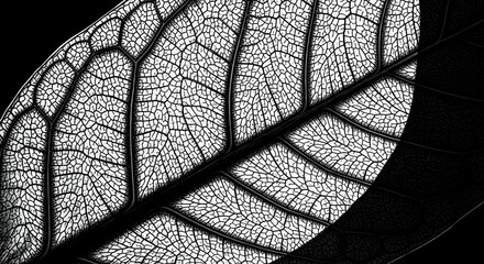 Abstract Veined Leaf Close Up Patterned In Black And White Monochrome