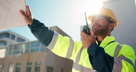 Aufkleber - Man, engineer and talking on radio with clipboard for site maintenance, instructions and safety. Construction, low angle and feedback for project management, quality control or renovation with flare