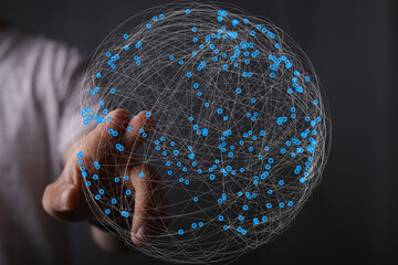 Fototapete - Abstract image of a hand interacting with a digital global network, representing connection and communication.