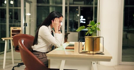 Poster - Business woman, headache and night with stress on laptop for overtime or project deadline at office. Female person, employee or working late with migraine at computer desk for pressure at workplace