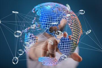 Fototapete - Abstract image of a person interacting with a digital globe, showcasing global network and interconnectivity.