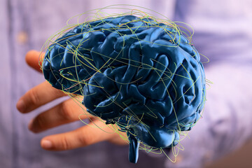 Aufkleber - 3D illustration of a human brain with neural network connections.  Ideal for AI, neuroscience, and technology concepts.