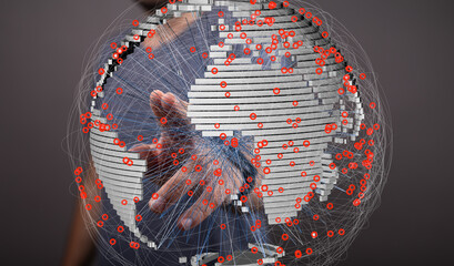 Aufkleber - Abstract image of a hand interacting with a 3D world map, showcasing global network connections.