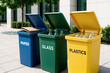© studioworkstock - Outdoor recycling bins labeled for paper, glass, and plastics, each with items inside, highlighting waste segregation and environmental consciousness in a city setting.