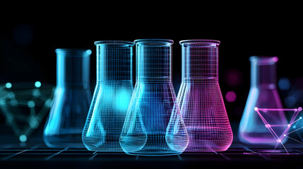 abstract glowing scientific flasks in dark lab