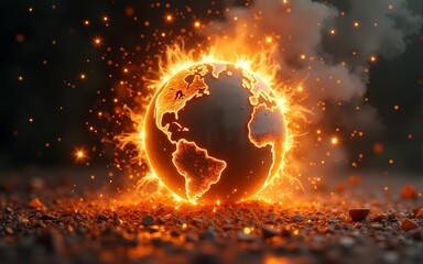 Wall Mural - Fiery globe shattering into fragments. High quality