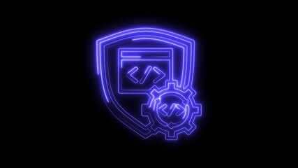 Neon code security development design with shield and gear for application protection
