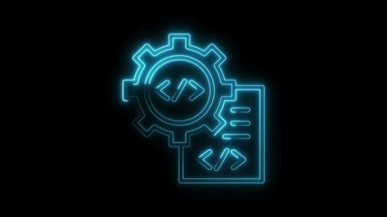 Glowing neon code development with gears and source code on dark background