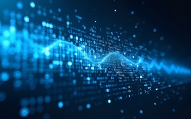 Futuristic digital scene with binary code streaming at high speed, radiating blue light and dynamic motion. High quality