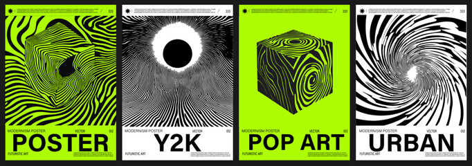 Fototapete - Vector posters in a modern Y2K pop art style, using neon palette with black hypnotic lines, waves, and optical illusions, reflecting current retro-futuristic trends in design.