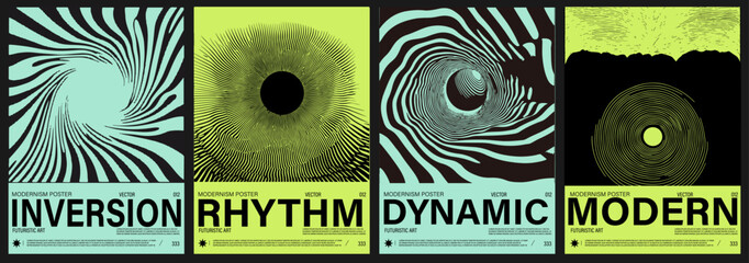 Poster - Vector posters in a modern Y2K pop art style, using neon palette with black hypnotic lines, waves, and optical illusions, reflecting current retro-futuristic trends in design.