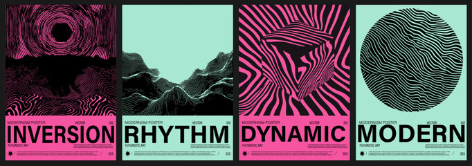 Fototapete - Vector posters in a modern Y2K pop art style, using neon palette with black hypnotic lines, waves, and optical illusions, reflecting current retro-futuristic trends in design.
