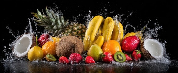 Wall Mural - The vibrant arrangement of tropical fruits splashing in water against a black background.