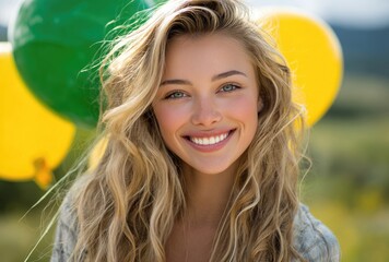 happy, blonde girl with long hair holding green and yellow balloons in a sunny meadow