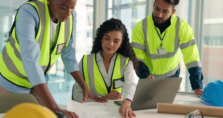 Aufkleber - Architecture, meeting and people on laptop in office for design, floorplan and building project. Construction, teamwork and workers with blueprint, documents and tech for website, sketch and planning