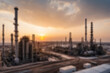 © Adi - Blurry photo of mega project area, industrial factory construction, large crude oil refinery, sunset.