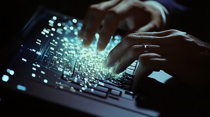 Fingers Typing on Illuminated Keyboard Creating Glowing Effect, Connecting Ideas with Modern Technology in a Dark Room.