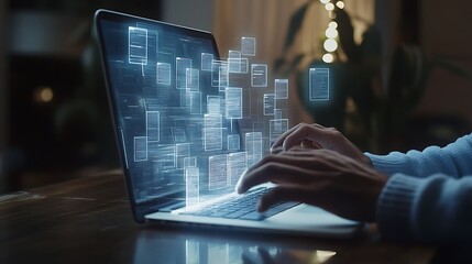 person using laptop to access virtual documents, modern technology for seamless information manageme