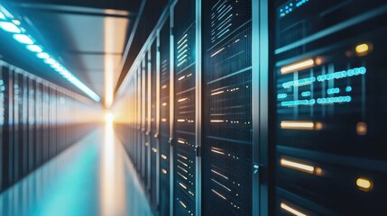 Aufkleber - Contemporary data center corridor with glowing server racks and bright ambient lighting, symbolizing cloud services, digital storage, and modern network infrastructure