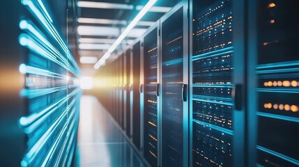 Aufkleber - Stylish data center hallway with glowing server lights and vibrant reflections, symbolizing cloud computing, fast data transfer, and secure digital infrastructure