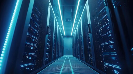 Aufkleber - Symmetrical view of a futuristic data center with glowing blue server racks and overhead lights, emphasizing digital infrastructure, cybersecurity, and modern IT systems