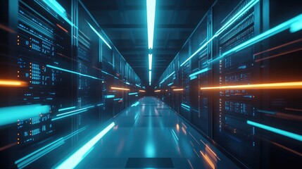 Aufkleber - Dynamic data center corridor with glowing servers and high-speed light trails in blue and orange, symbolizing fast digital transfer, cloud systems, and futuristic technology